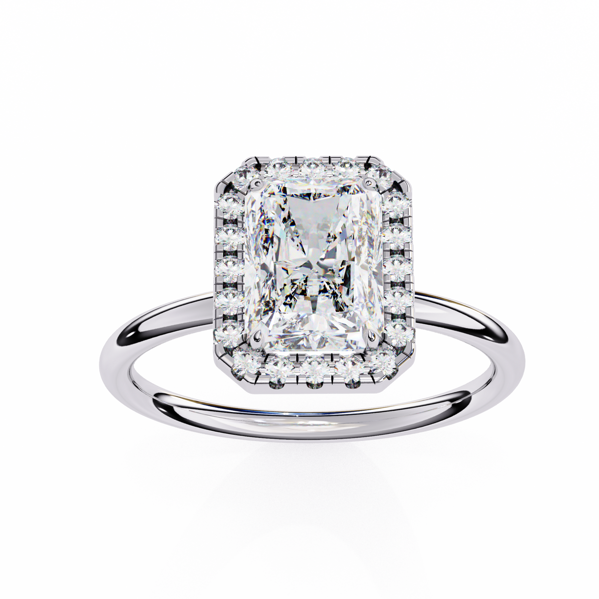 Diamond ring with a rectangular cut gemstone on a white background