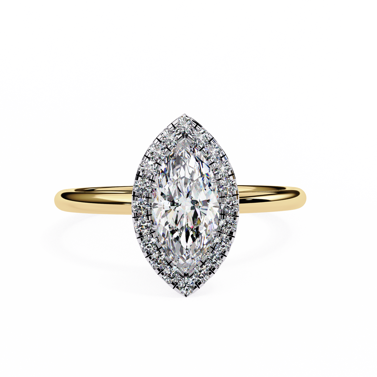 Gold ring with a marquise-shaped diamond on a white background