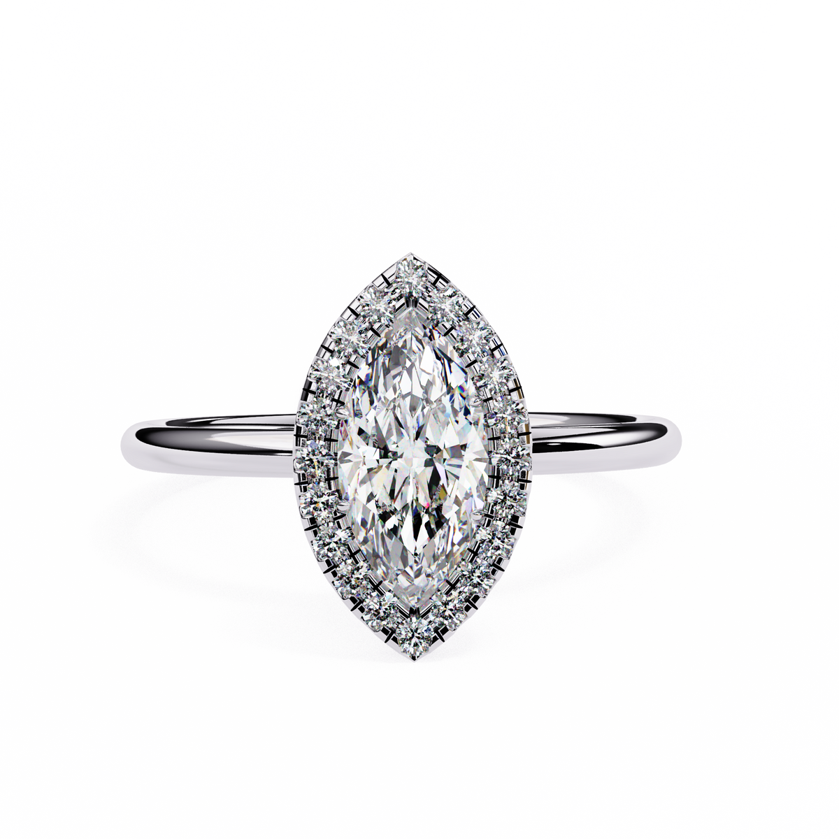 A silver-tone ring featuring a marquise-cut center diamond surrounded by a double halo of smaller round diamonds, set on a slim band against a plain white background.