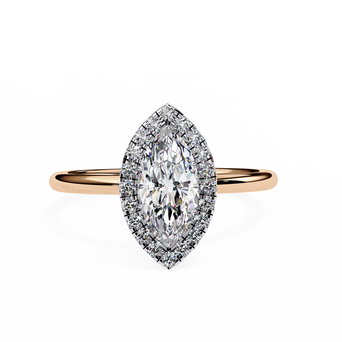 Rose gold ring with a marquise-shaped diamond on a white background