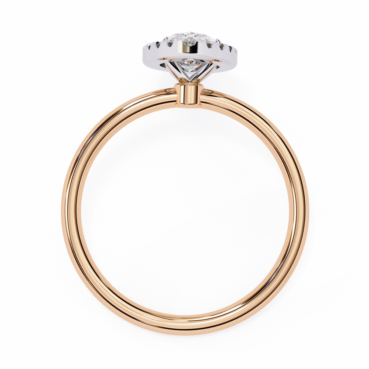 Rose gold ring with a diamond on a white background