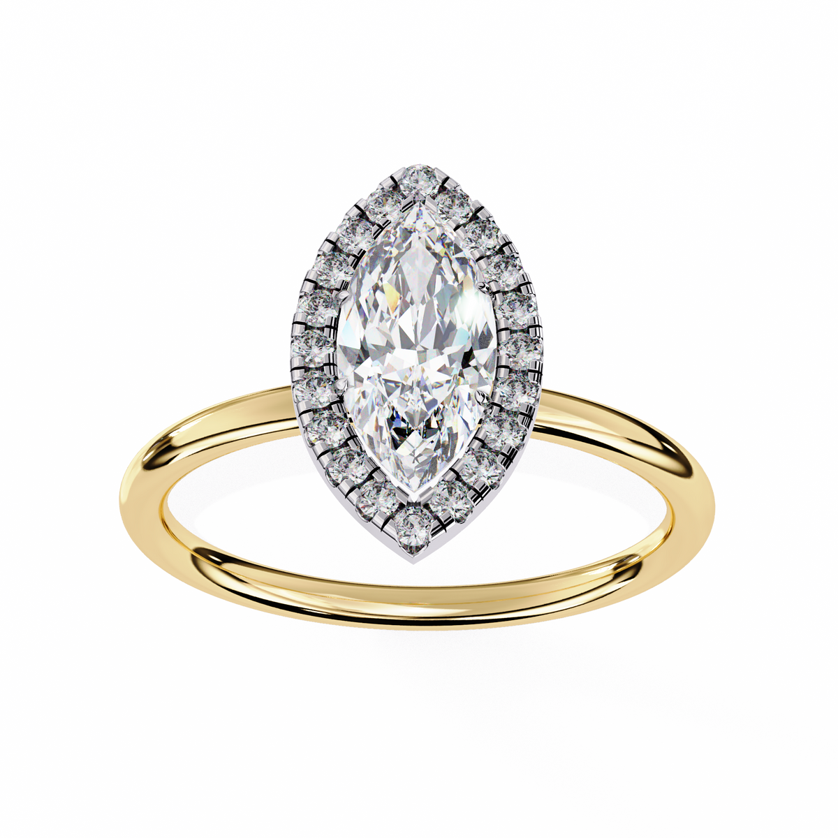 Gold ring with a pear-shaped diamond and smaller diamonds on a white background