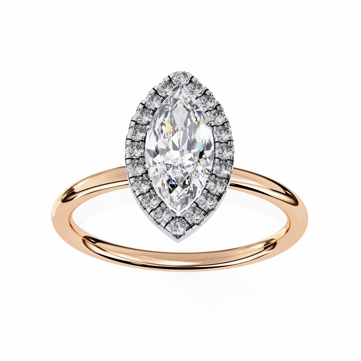 Rose gold ring with a pear-shaped diamond and smaller diamonds on a white background