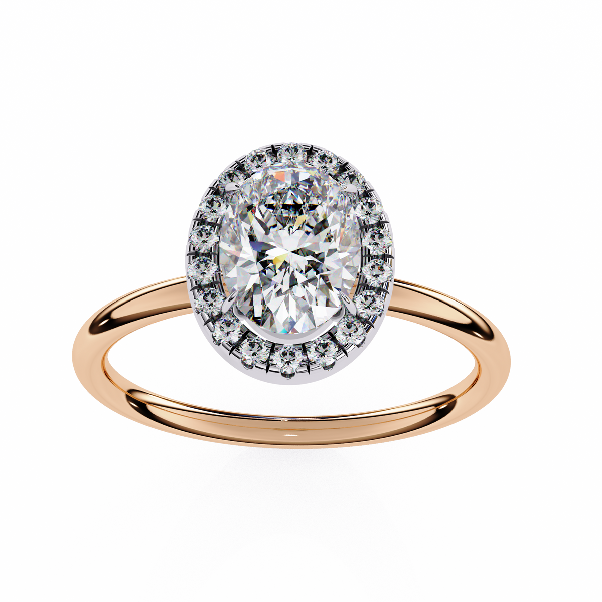 Rose gold ring with a diamond halo on a white background