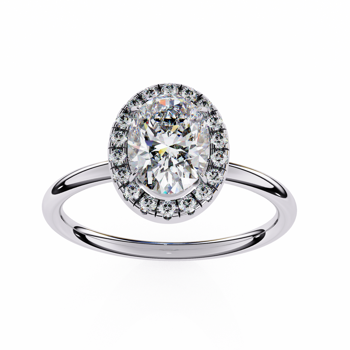 Diamond ring with a halo on a white background