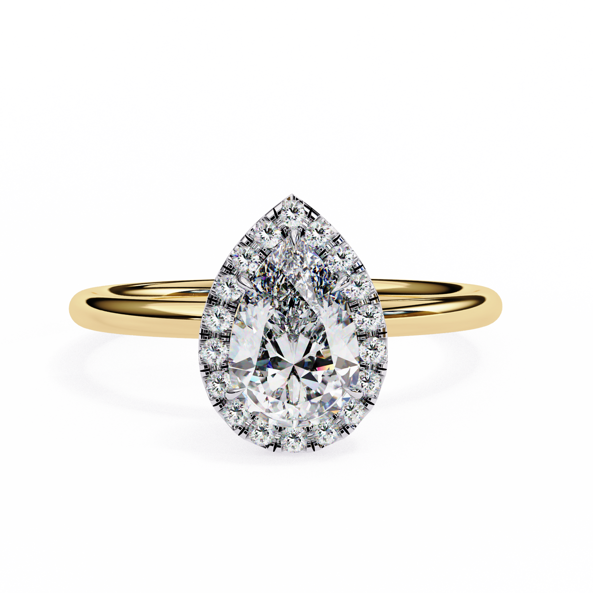 Gold ring with a pear-shaped diamond on a white background