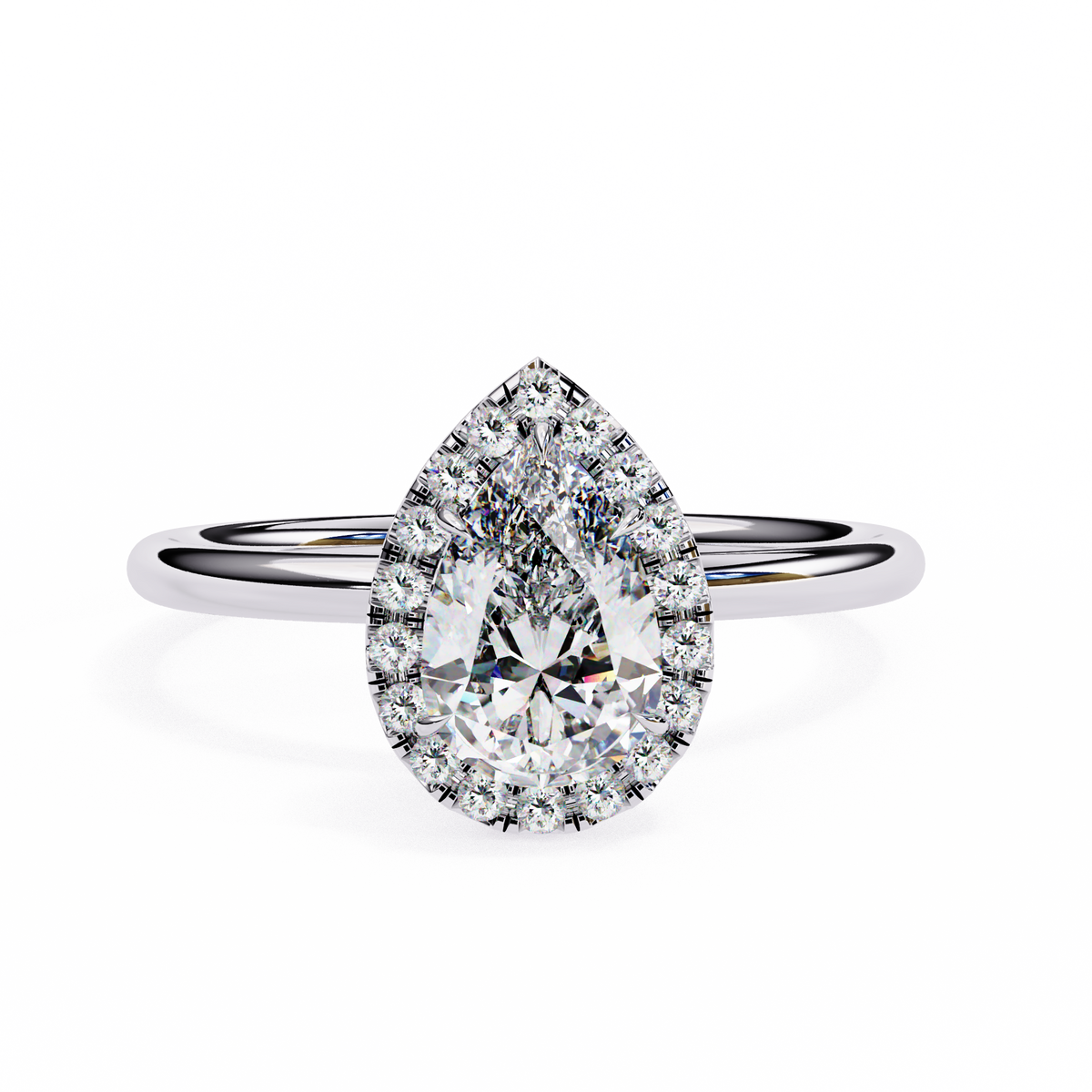 Diamond ring with a pear-shaped center stone on a white background