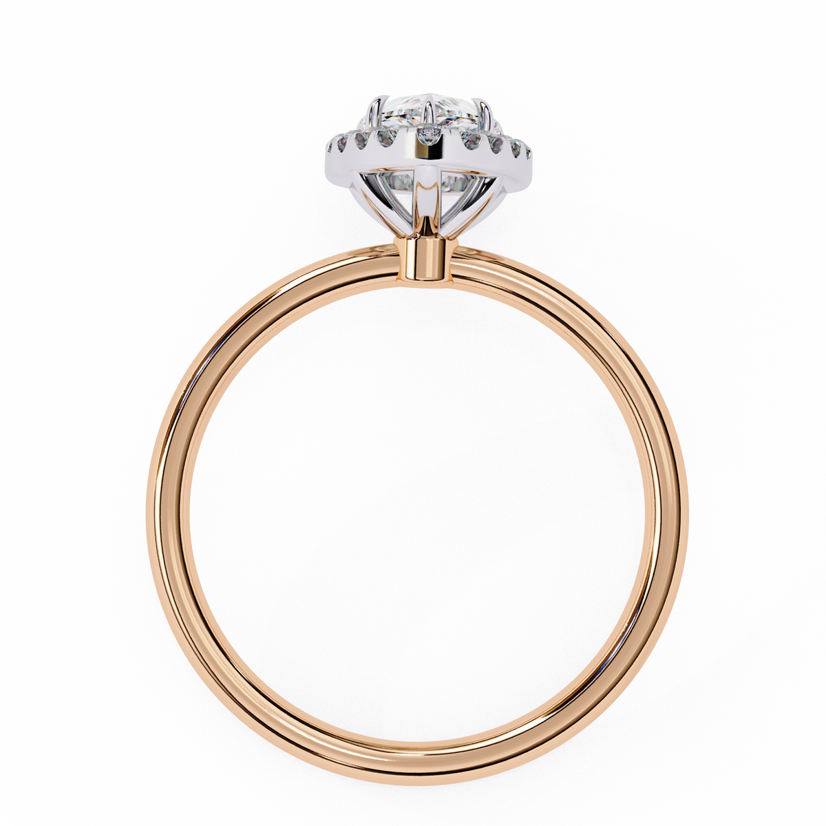 Rose gold ring with a diamond on a white background