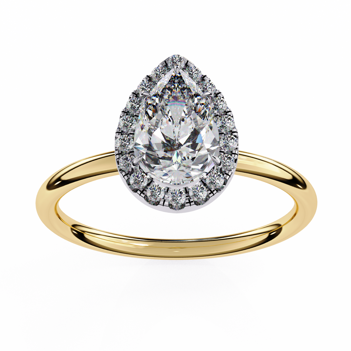 Gold ring with a pear-shaped diamond and halo on a white background