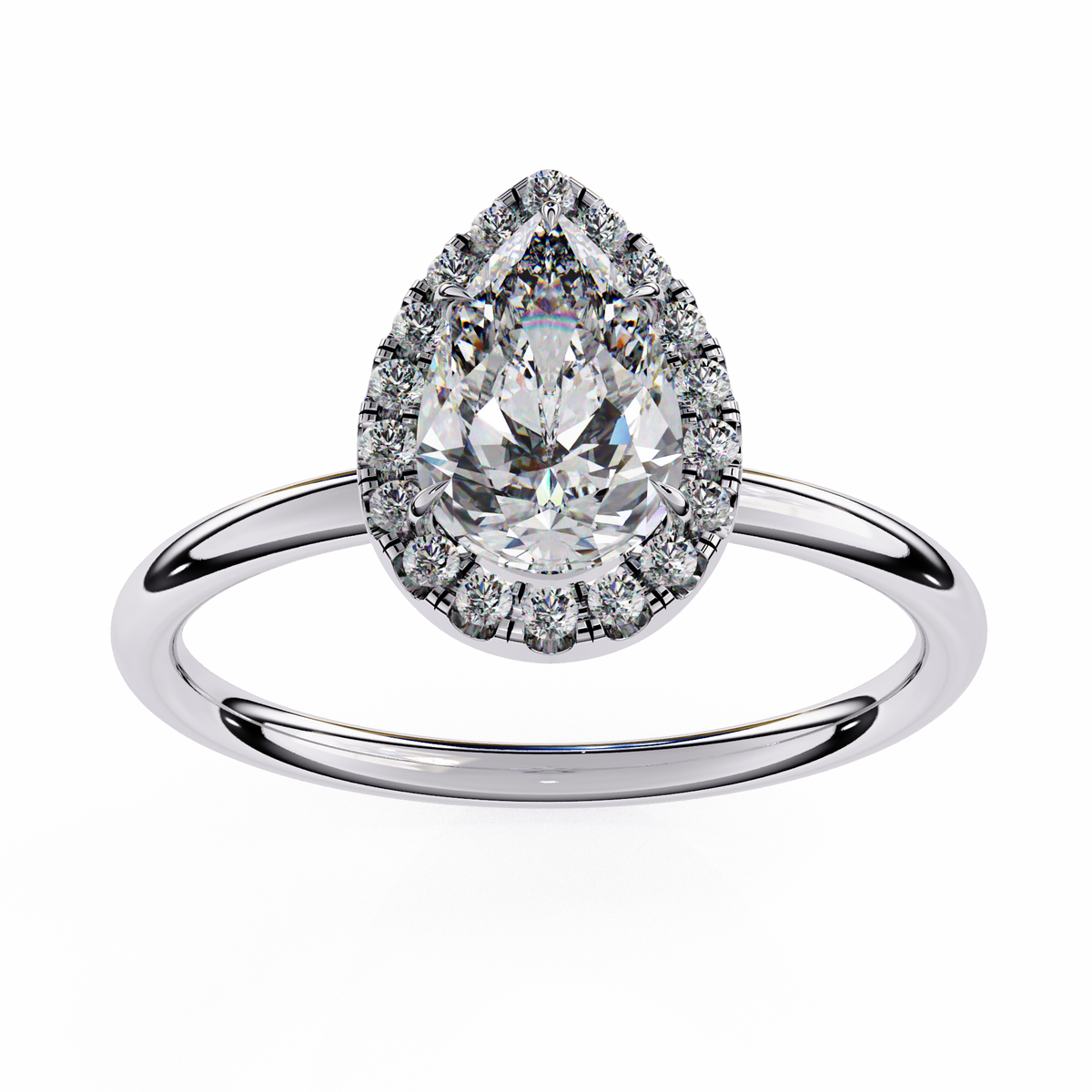 Diamond ring with pear-shaped center stone and halo on a white background