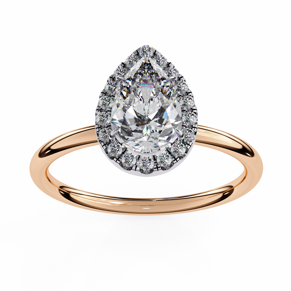 Rose gold ring with a pear-shaped diamond and halo on a white background