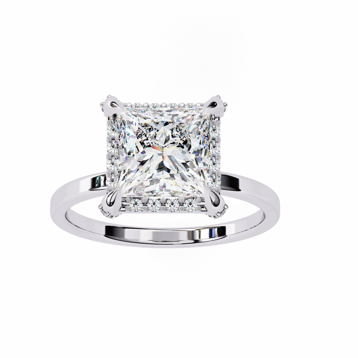 Diamond ring with a square-cut gemstone on a white background