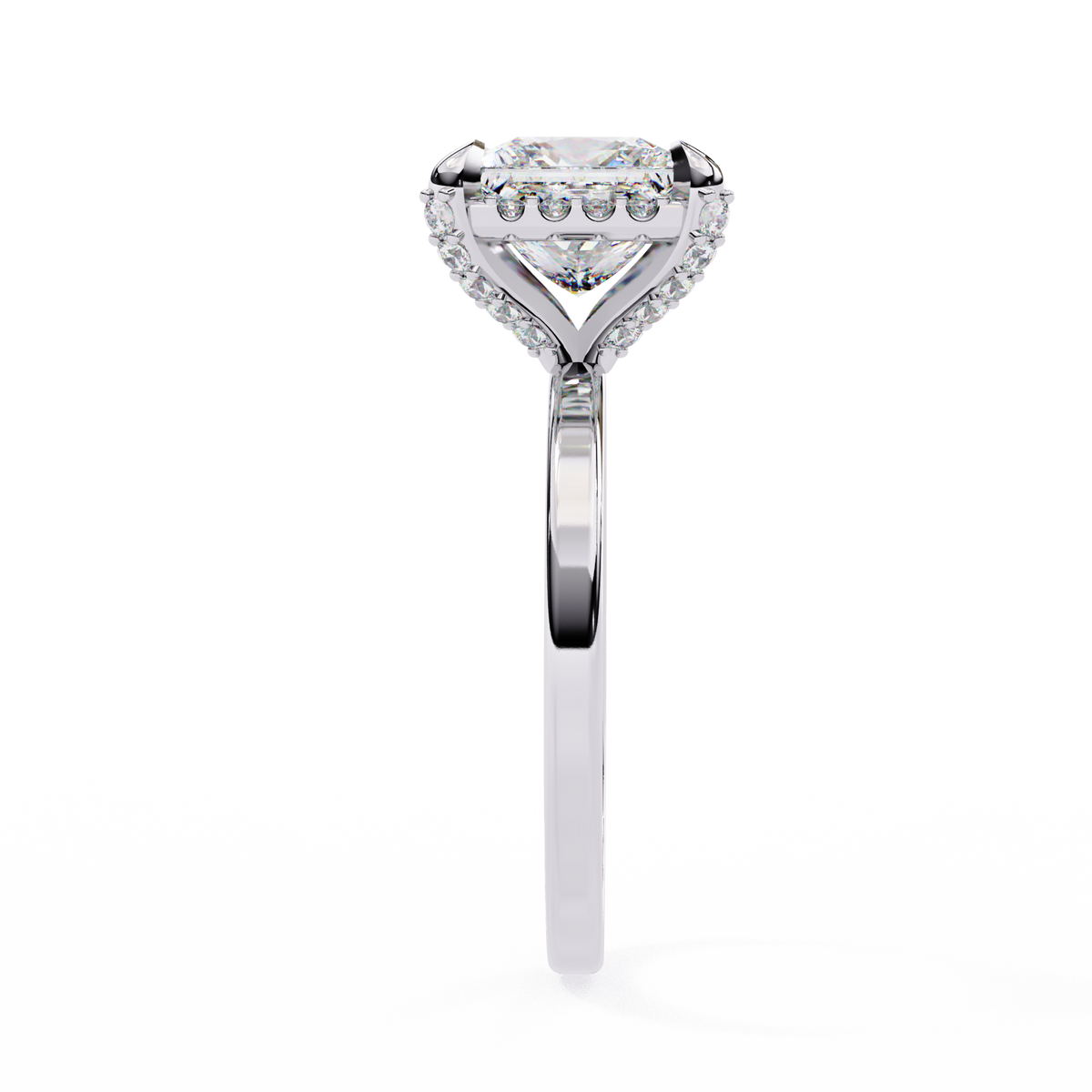 Diamond ring with a hexagonal center stone on a white background