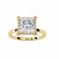 Gold ring with a large square-cut diamond and smaller diamonds on the band against a white background