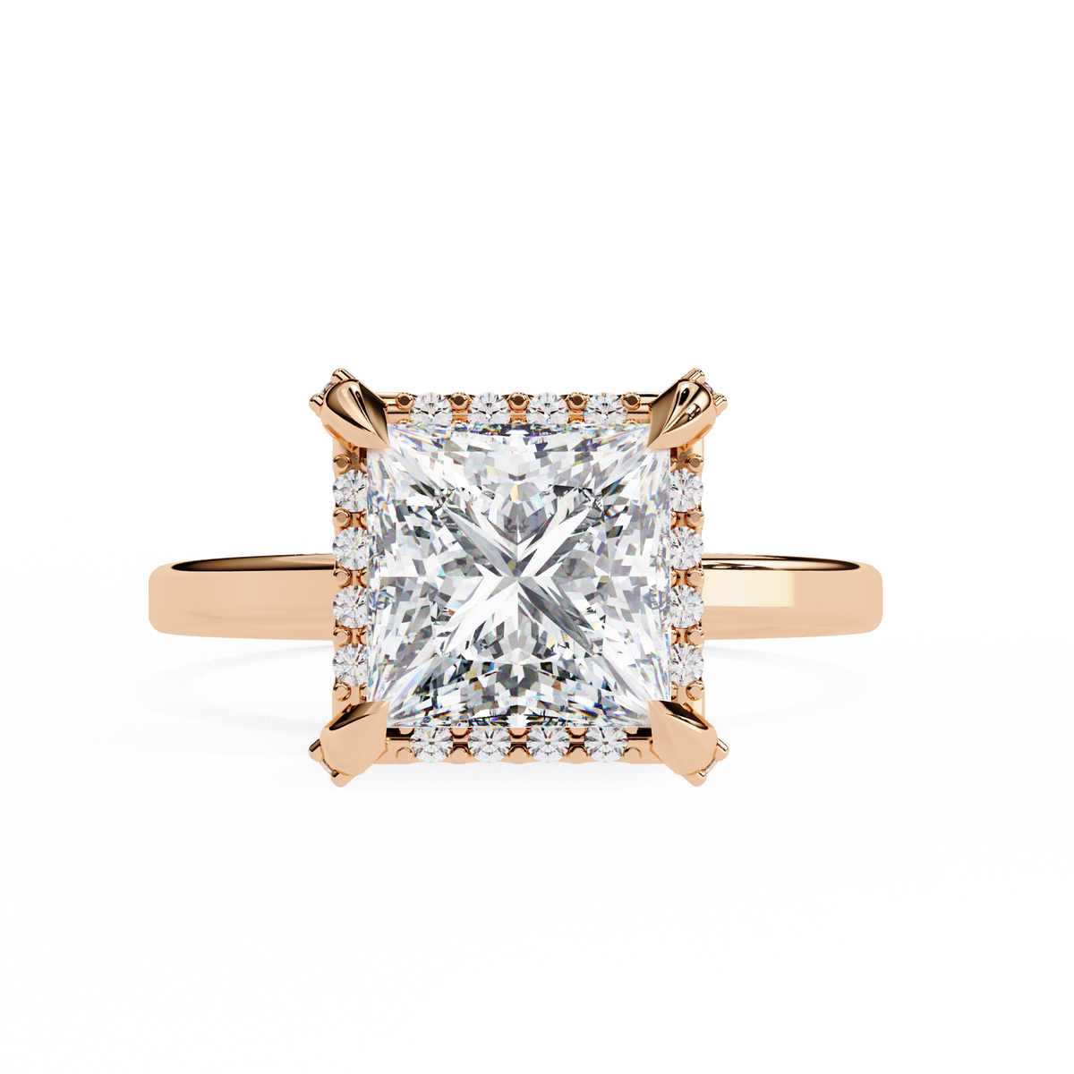 Rose gold ring with a large diamond on a white background