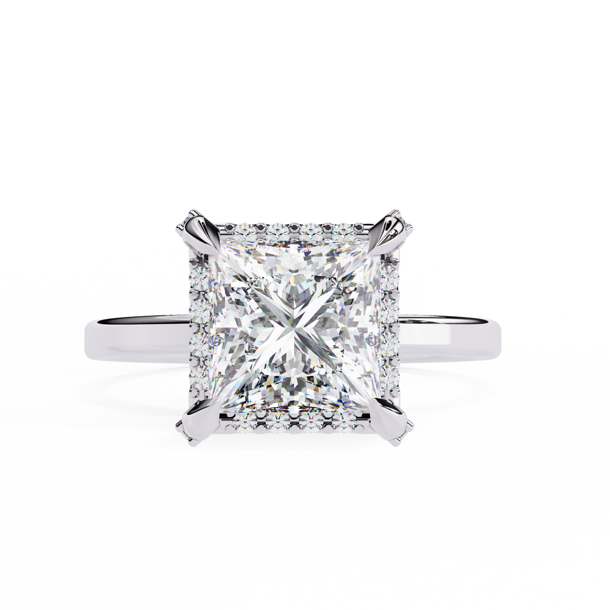 Diamond ring with a square-cut gemstone on a white background