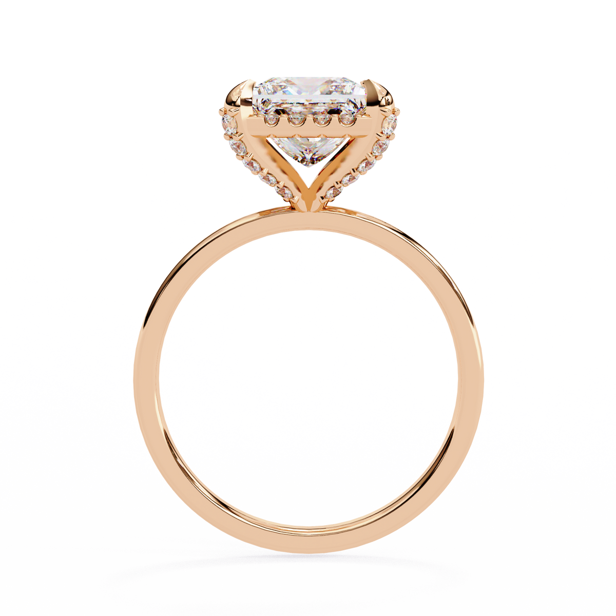 Rose gold ring with a diamond on a white background