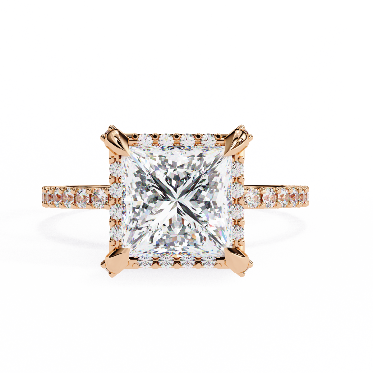 Rose gold ring with a large diamond and smaller diamonds on the band against a white background