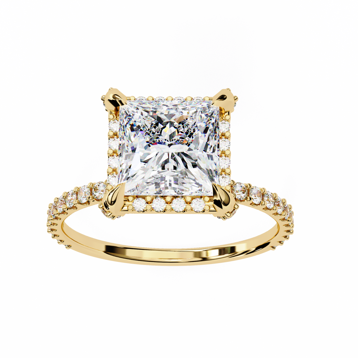 Gold ring with a large diamond and smaller diamonds on the band against a white background
