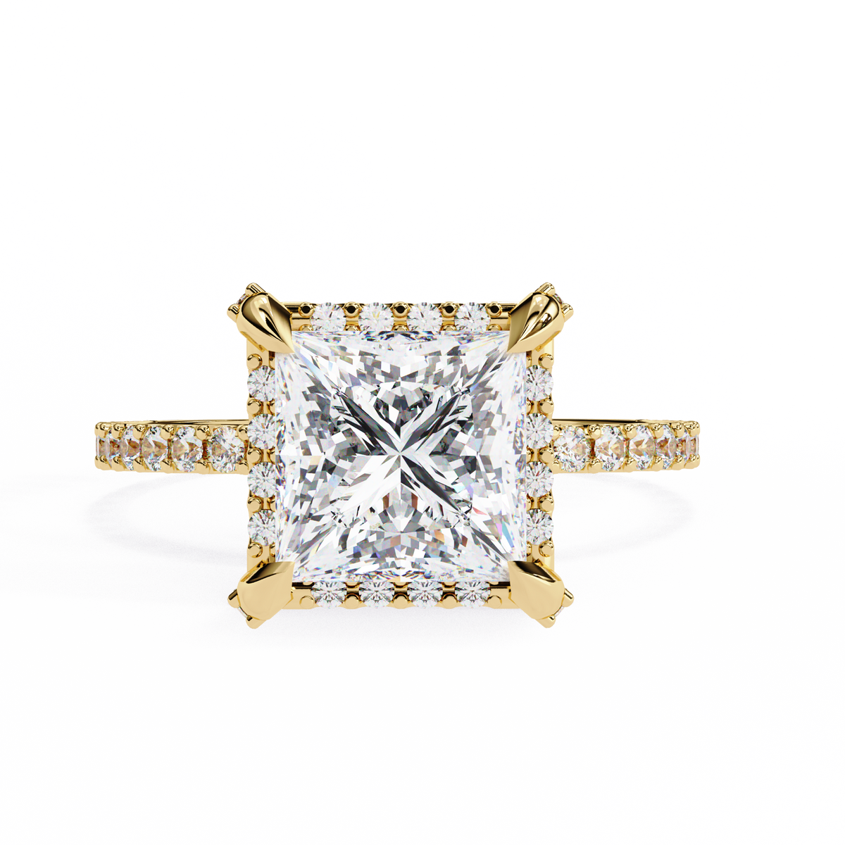 Gold ring with a large diamond and smaller diamonds on the band against a white background