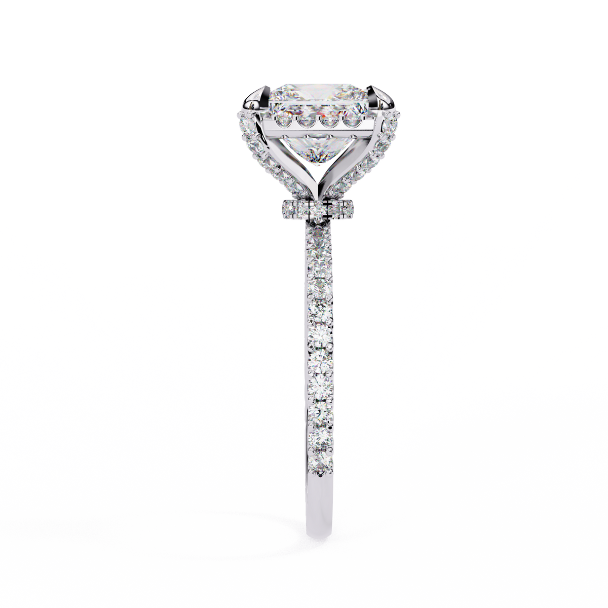 Diamond ring with a central gemstone and smaller stones on a white background