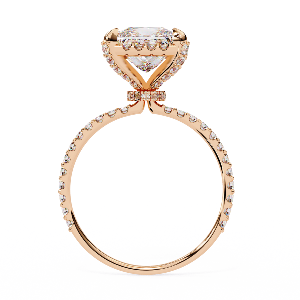 Rose gold ring with a diamond on a white background