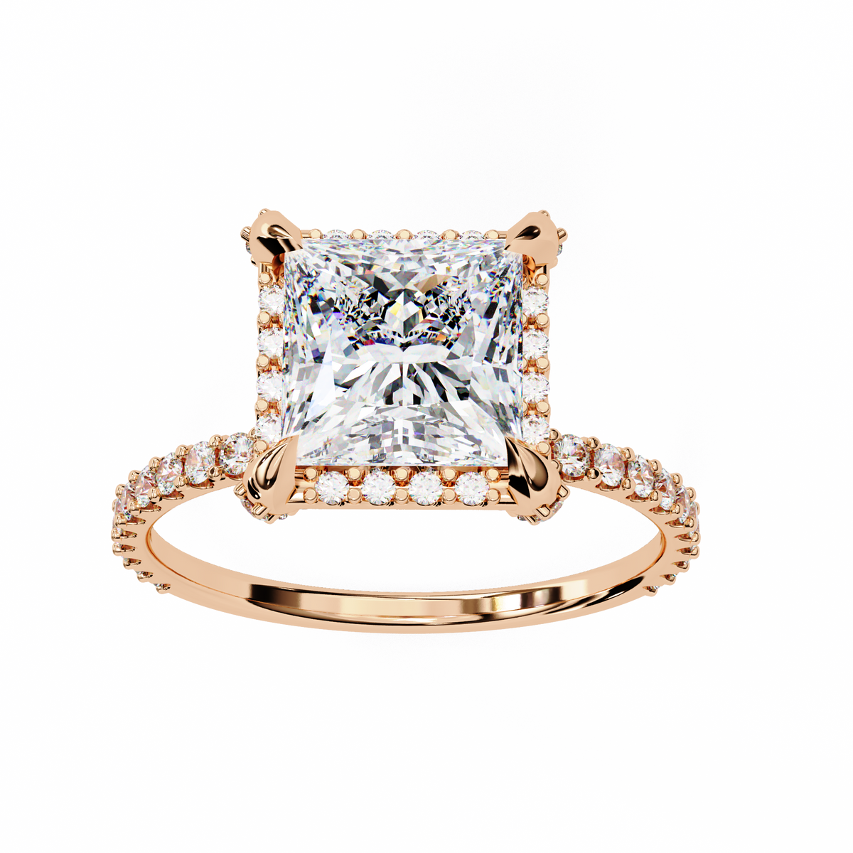 Rose gold ring with a large diamond and smaller diamonds on the band against a white background
