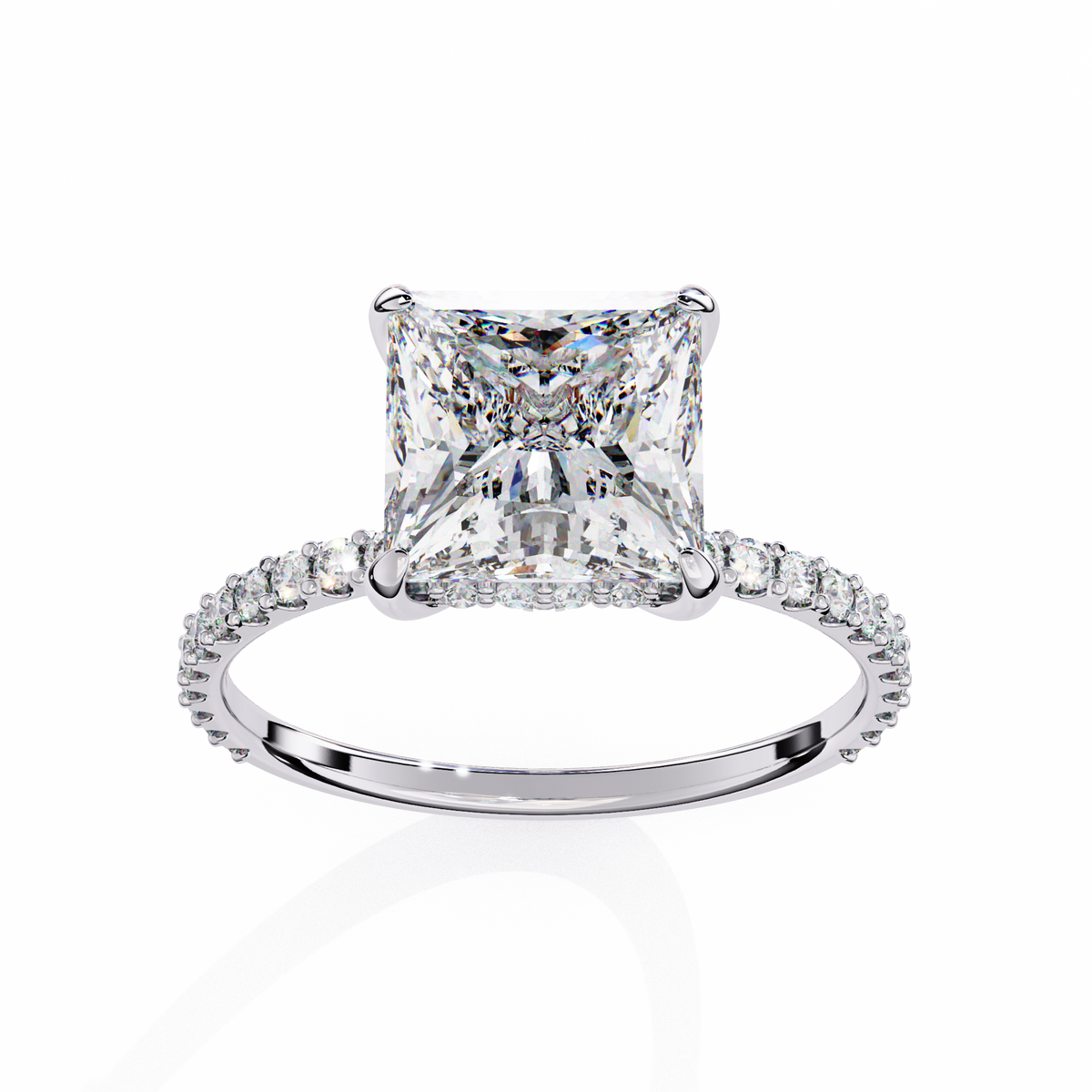 Diamond ring with a prominent princess-cut diamond on a white background