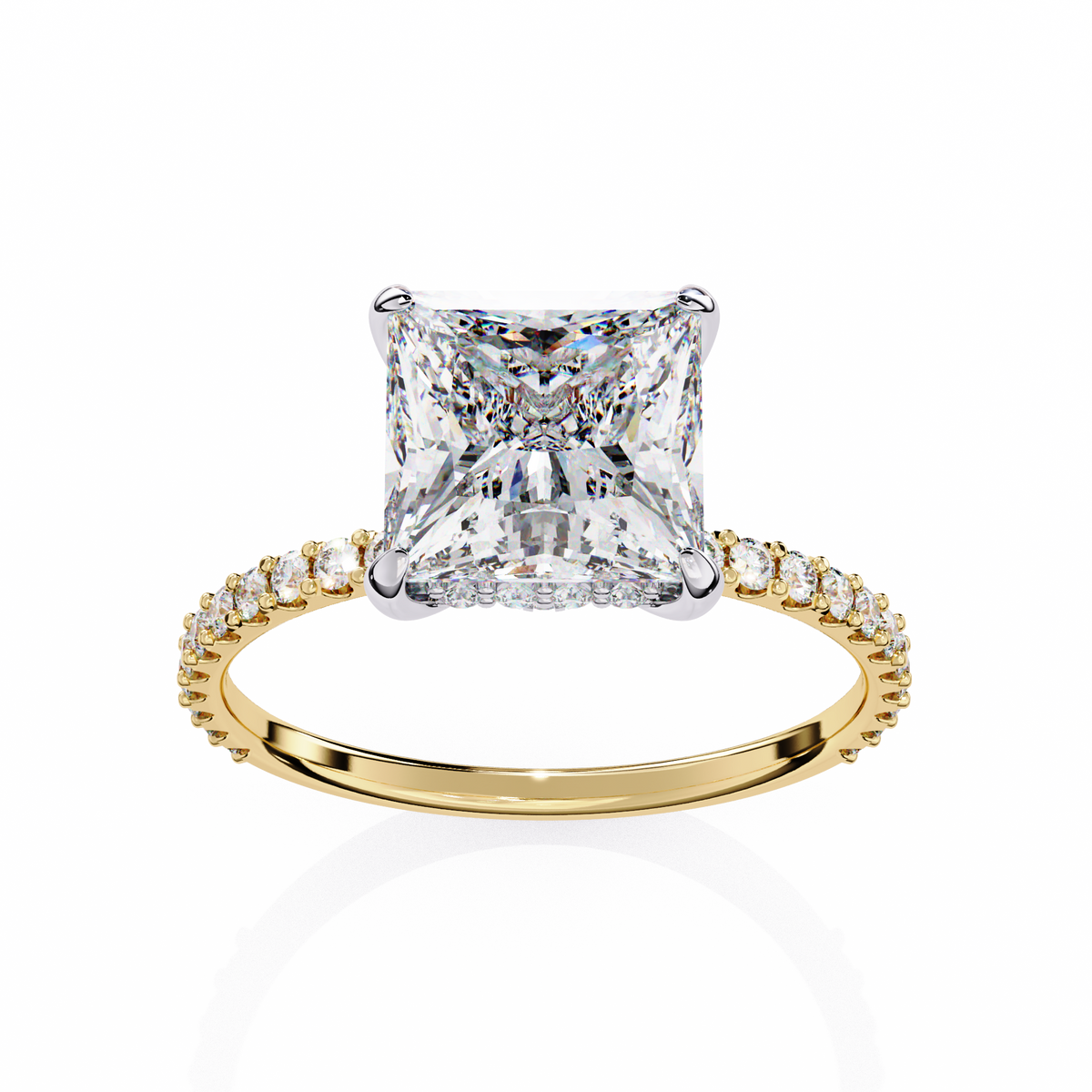 Gold ring with a large diamond and smaller diamonds on the band against a white background
