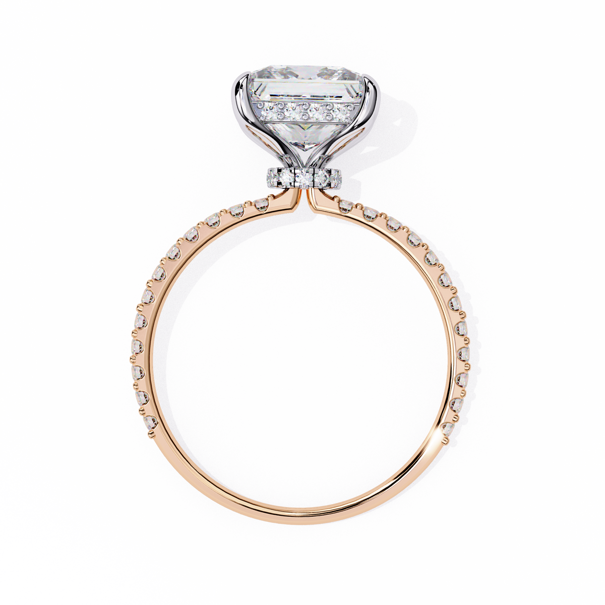 Rose gold ring with diamond on a white background