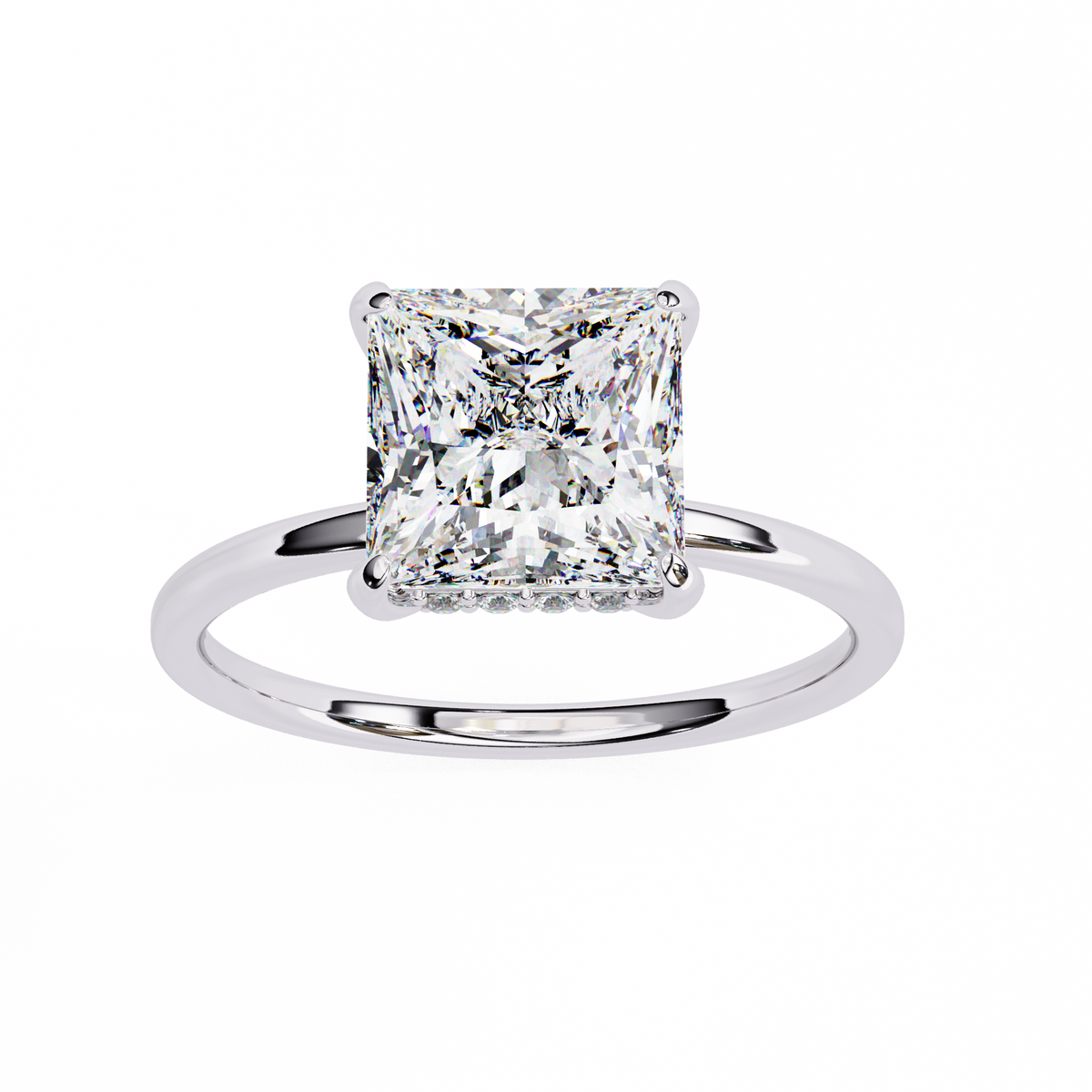 Diamond ring with a square-cut gemstone on a white background