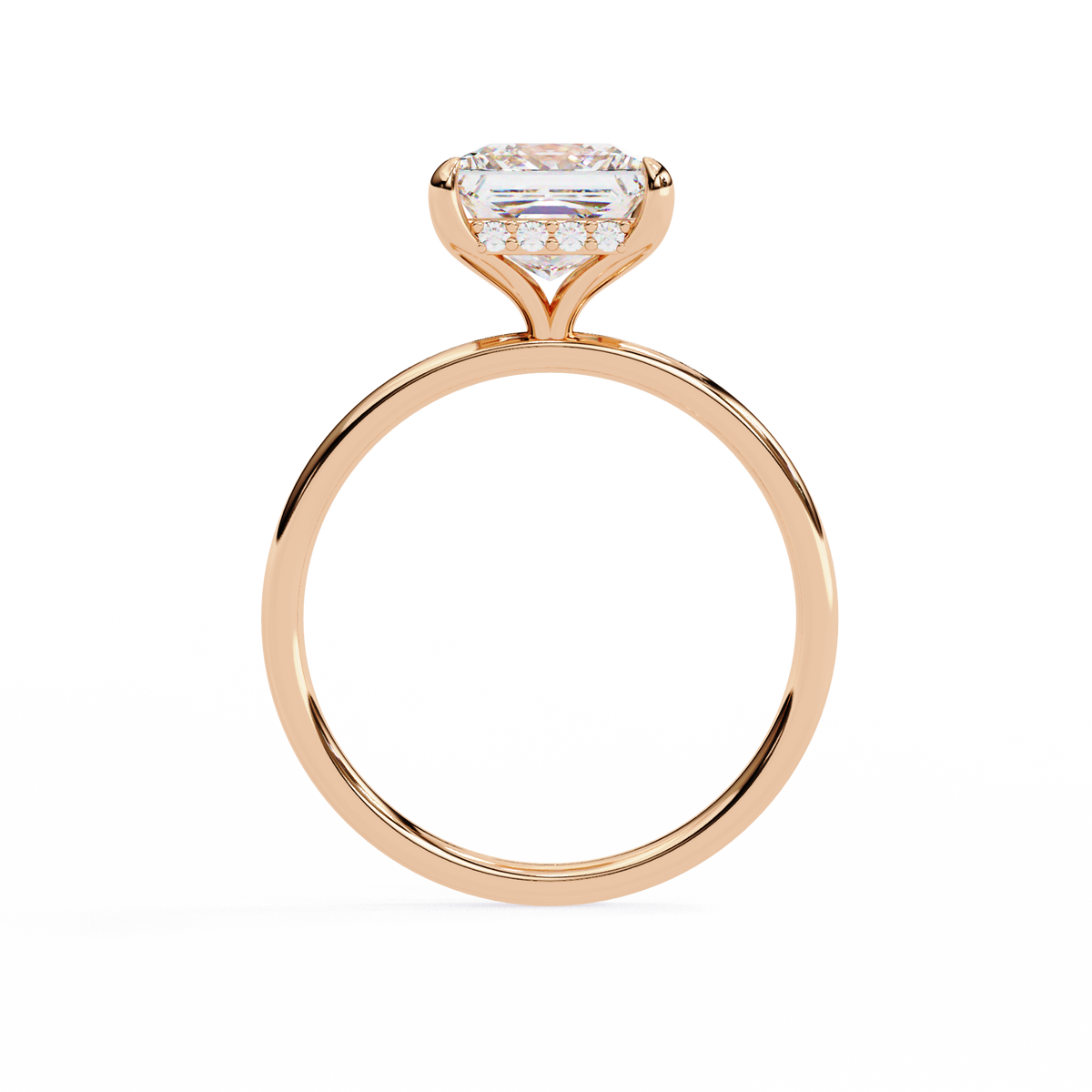 Rose gold ring with a diamond on a white background