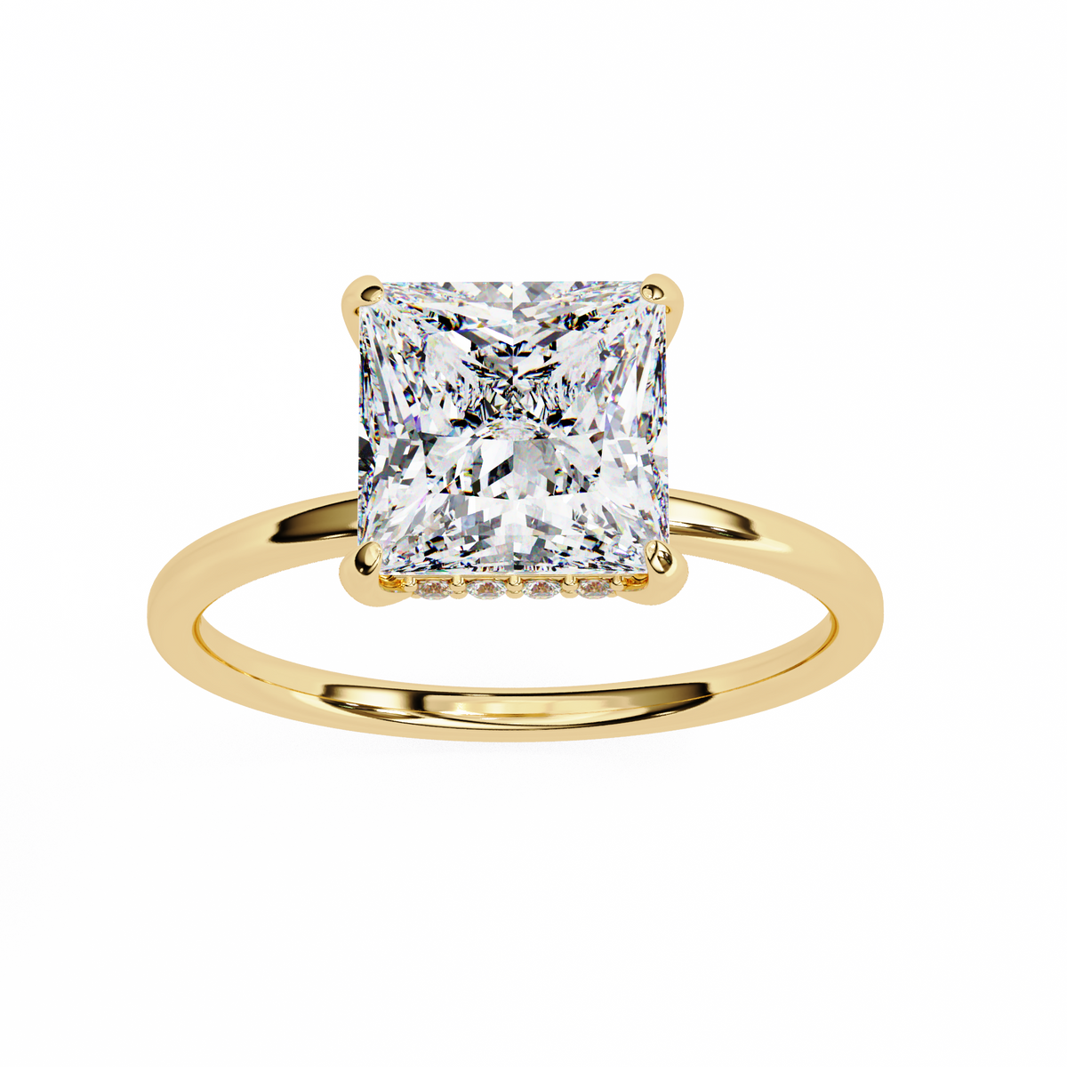 Rose gold ring with a large square-cut diamond on a white background