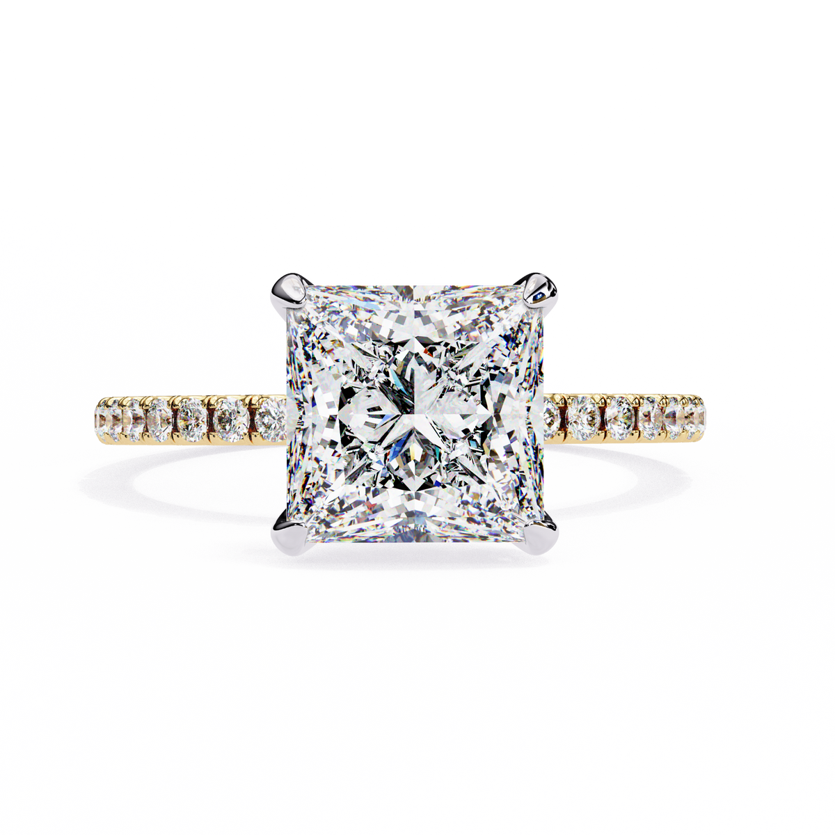 Diamond ring with a square-cut center stone on a white background