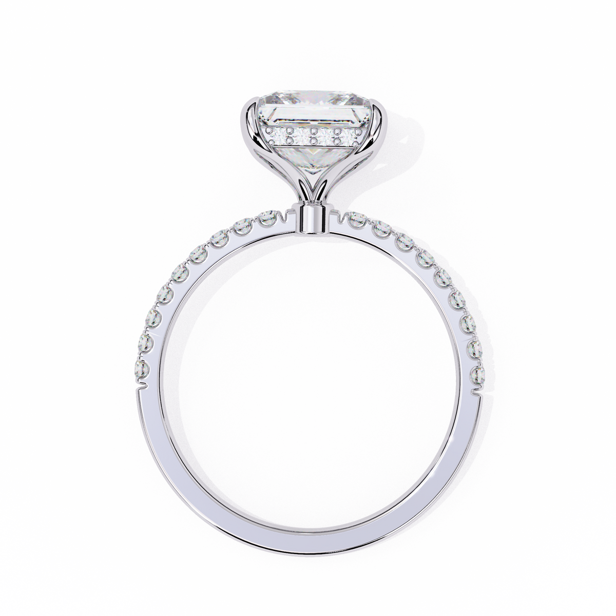 Diamond ring with a white gold band on a white background