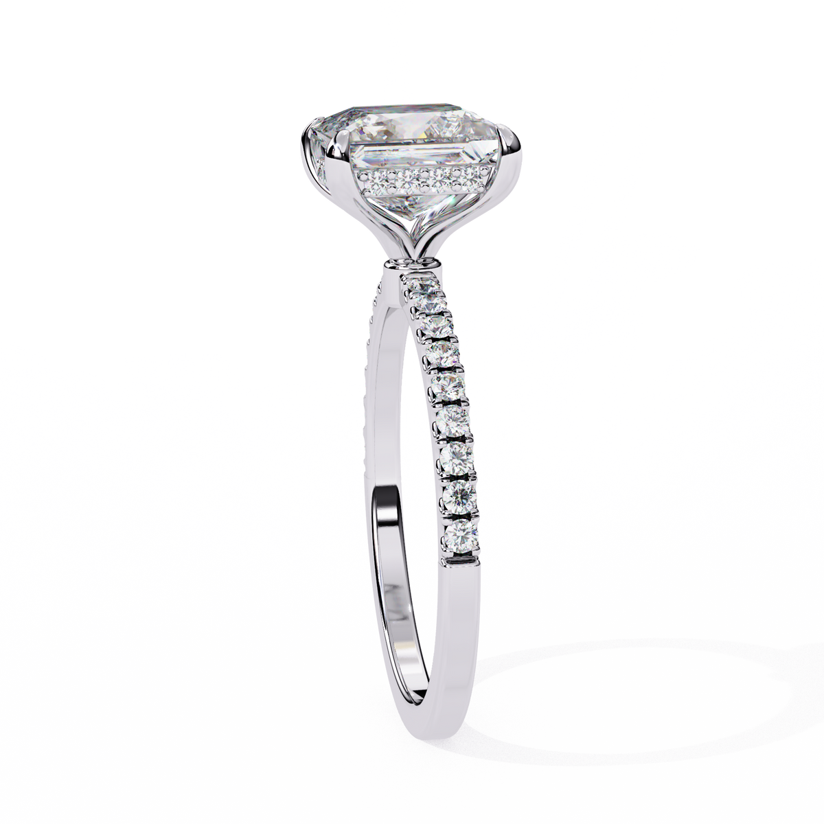Diamond ring with a central gemstone and smaller stones on a white background
