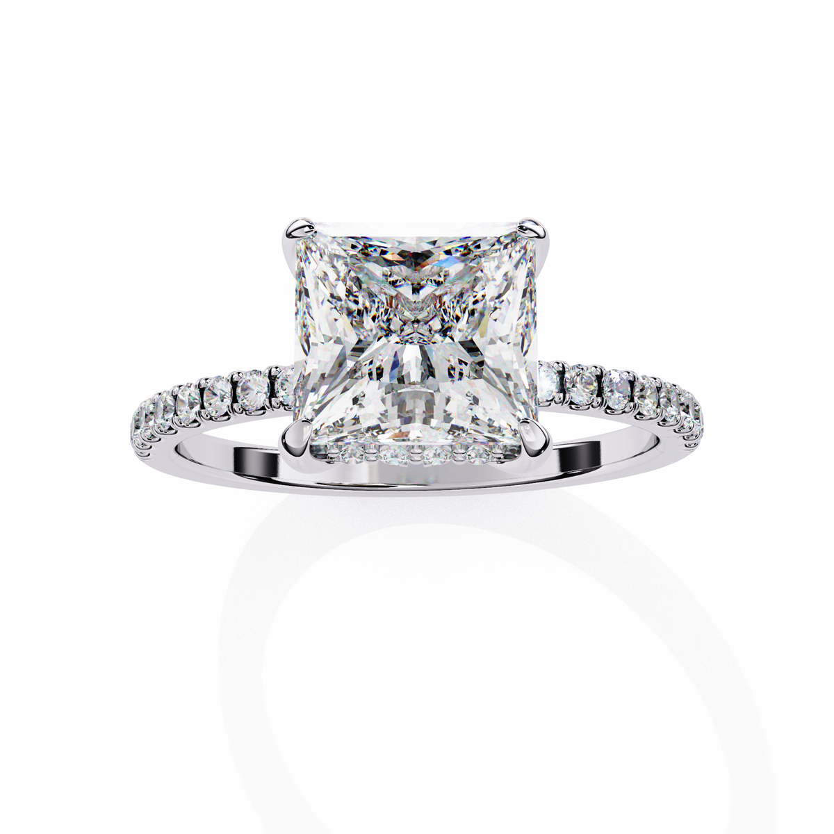 Diamond ring with a prominent square-cut gemstone on a white background