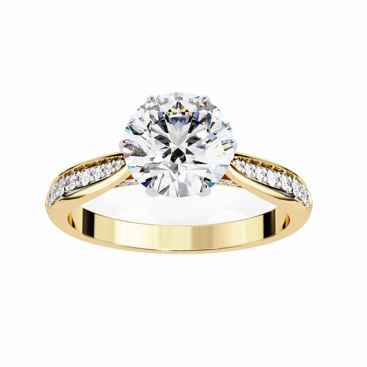Gold ring with a large diamond and smaller diamonds on the band against a white background