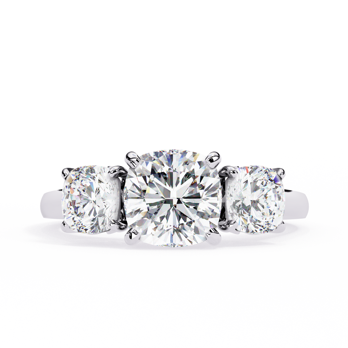 Diamond ring with three round-cut diamonds on a white background