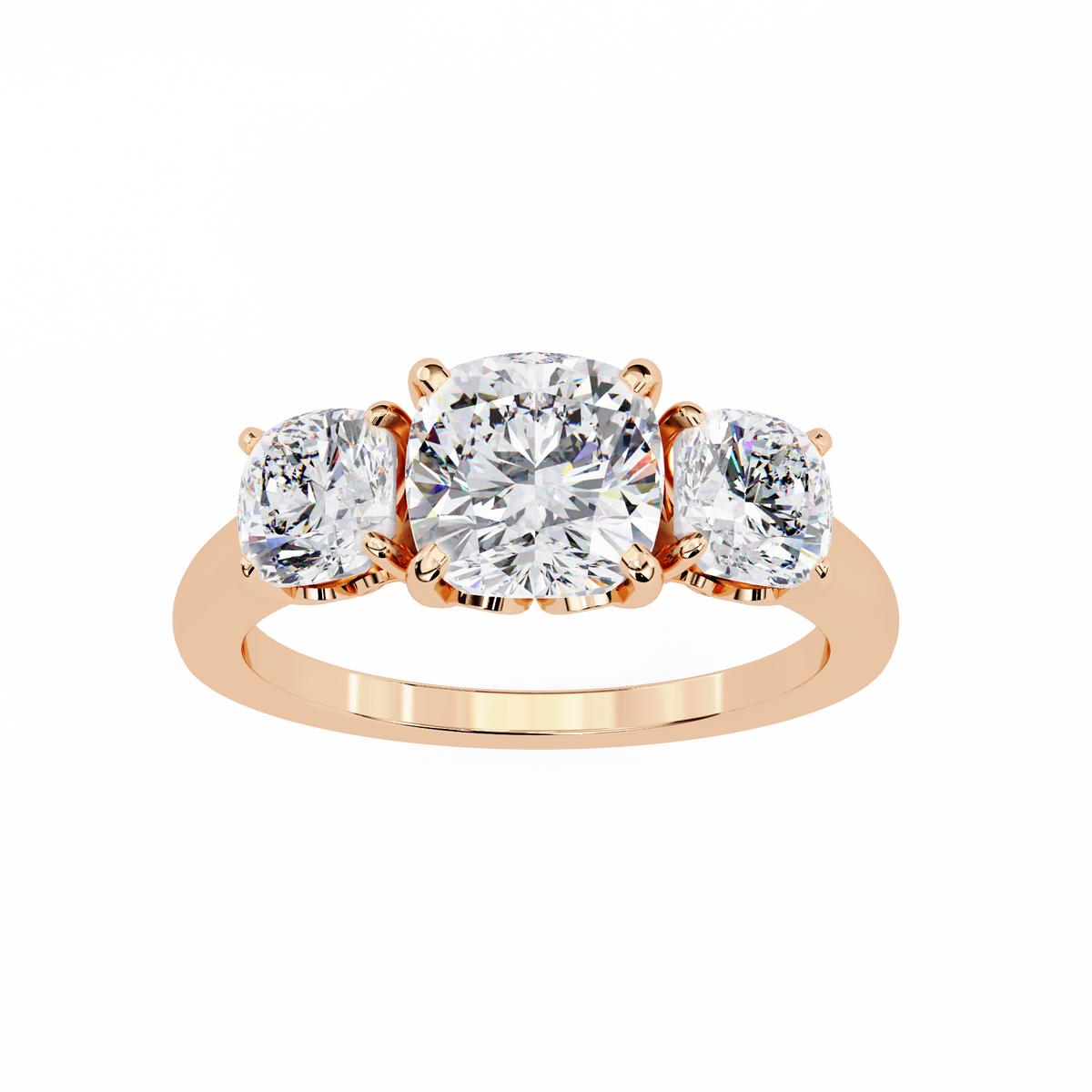 Rose gold ring with three diamonds on a white background