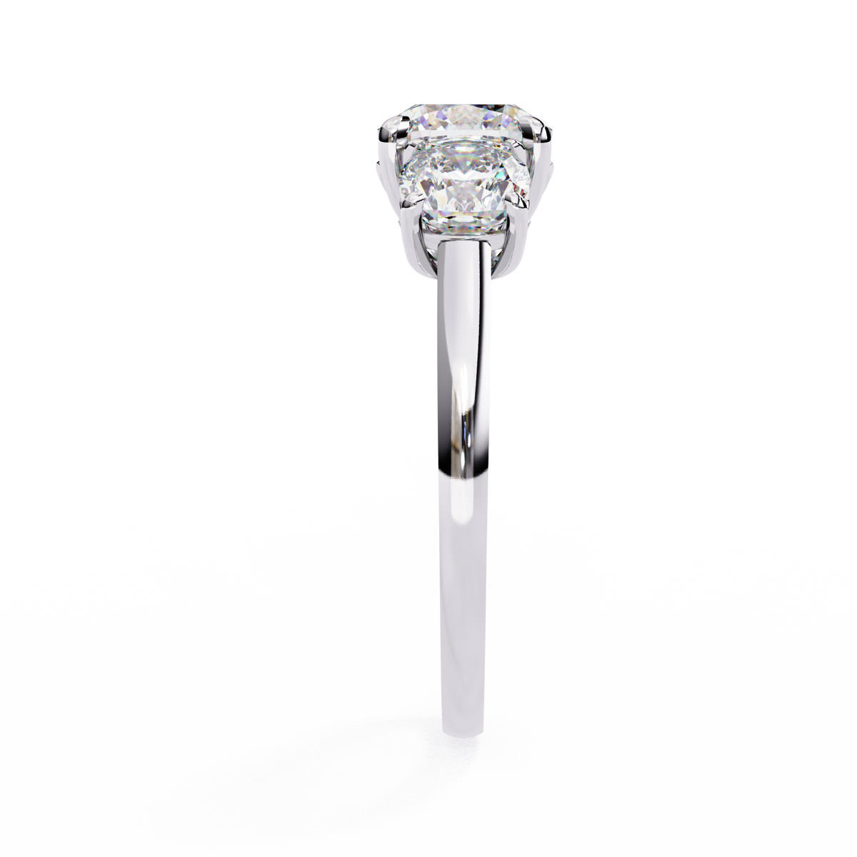 A radiant cut diamond solitaire engagement ring in a polished white gold or platinum band, shown vertically against a clean white background.