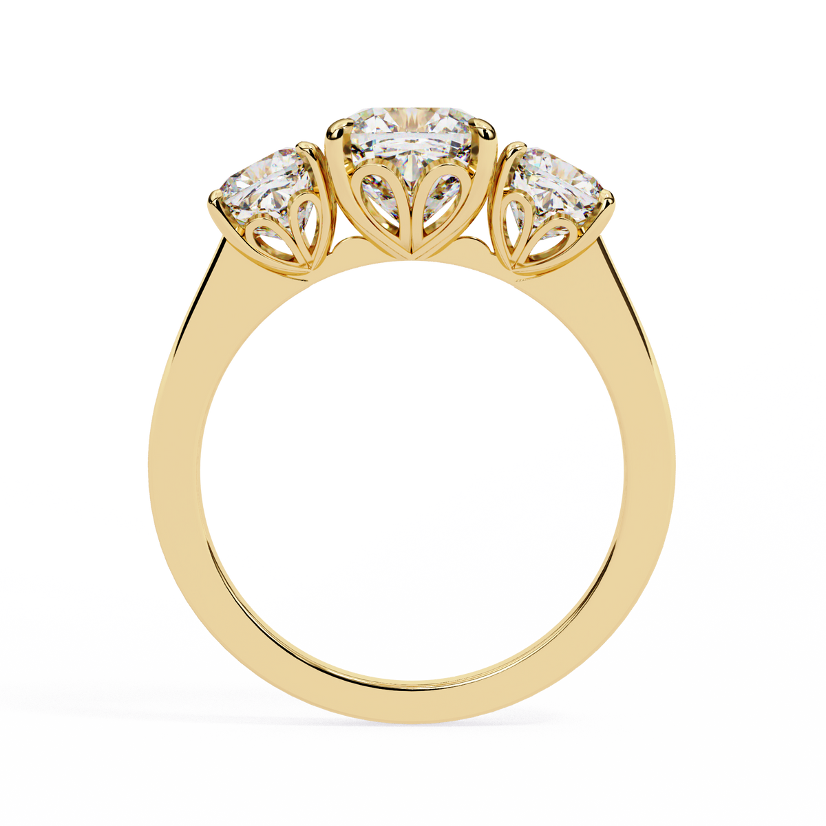 Gold ring with three diamonds on a white background