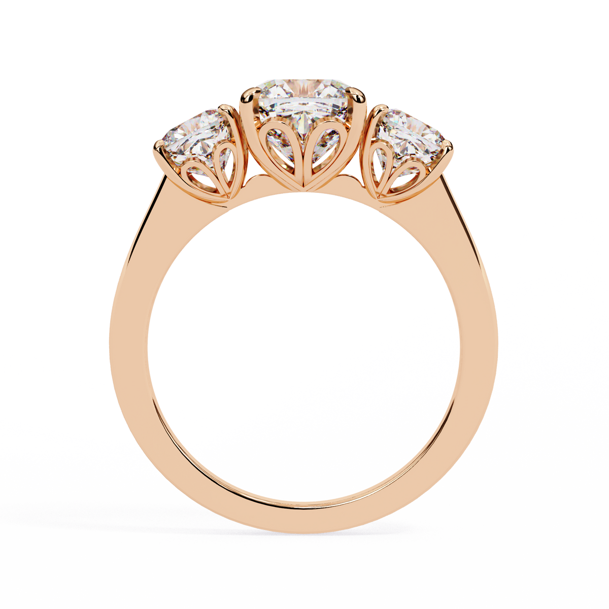 Rose gold ring with three diamonds on a white background