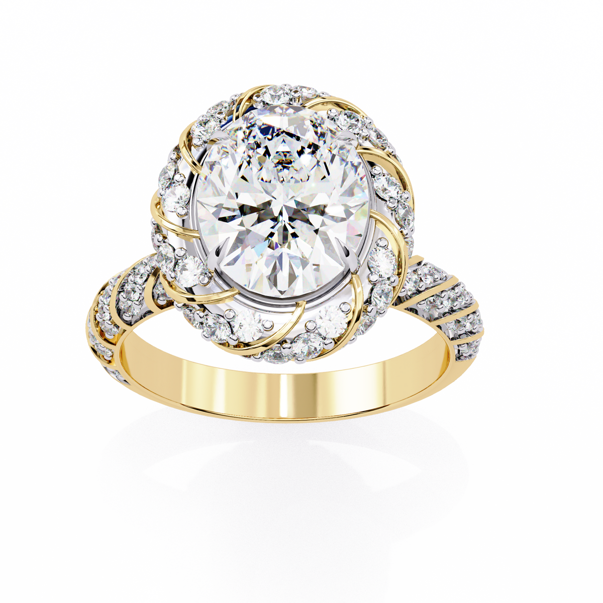 Anillo de compromiso con diamante ovalado de laboratorio tipo halo pavé de 3.21 CT