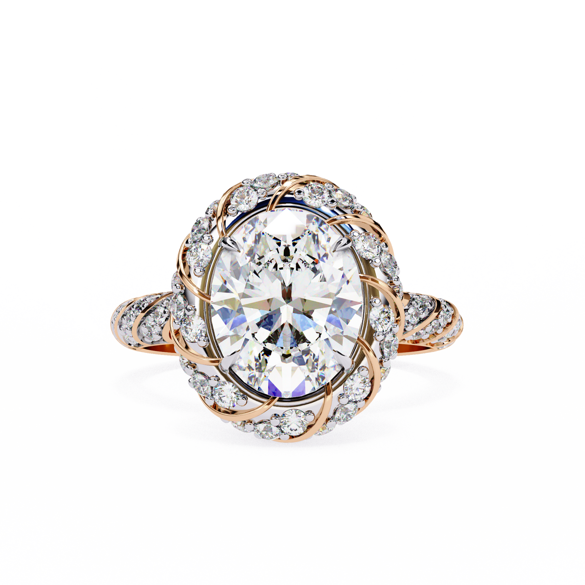 Anillo de compromiso con diamante ovalado de laboratorio tipo halo pavé de 3.21 CT