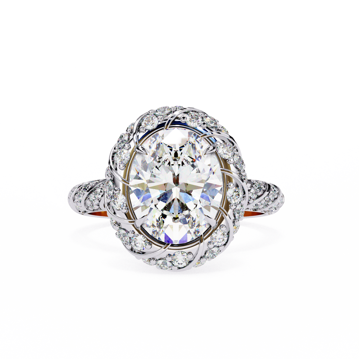 Anillo de compromiso con diamante ovalado de laboratorio tipo halo pavé de 3.21 CT