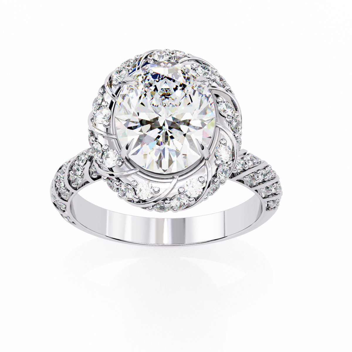 Anillo de compromiso con diamante ovalado de laboratorio tipo halo pavé de 3.21 CT