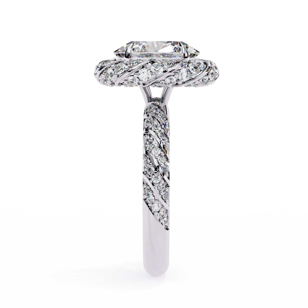 Anillo de compromiso con diamante ovalado de laboratorio tipo halo pavé de 3.21 CT