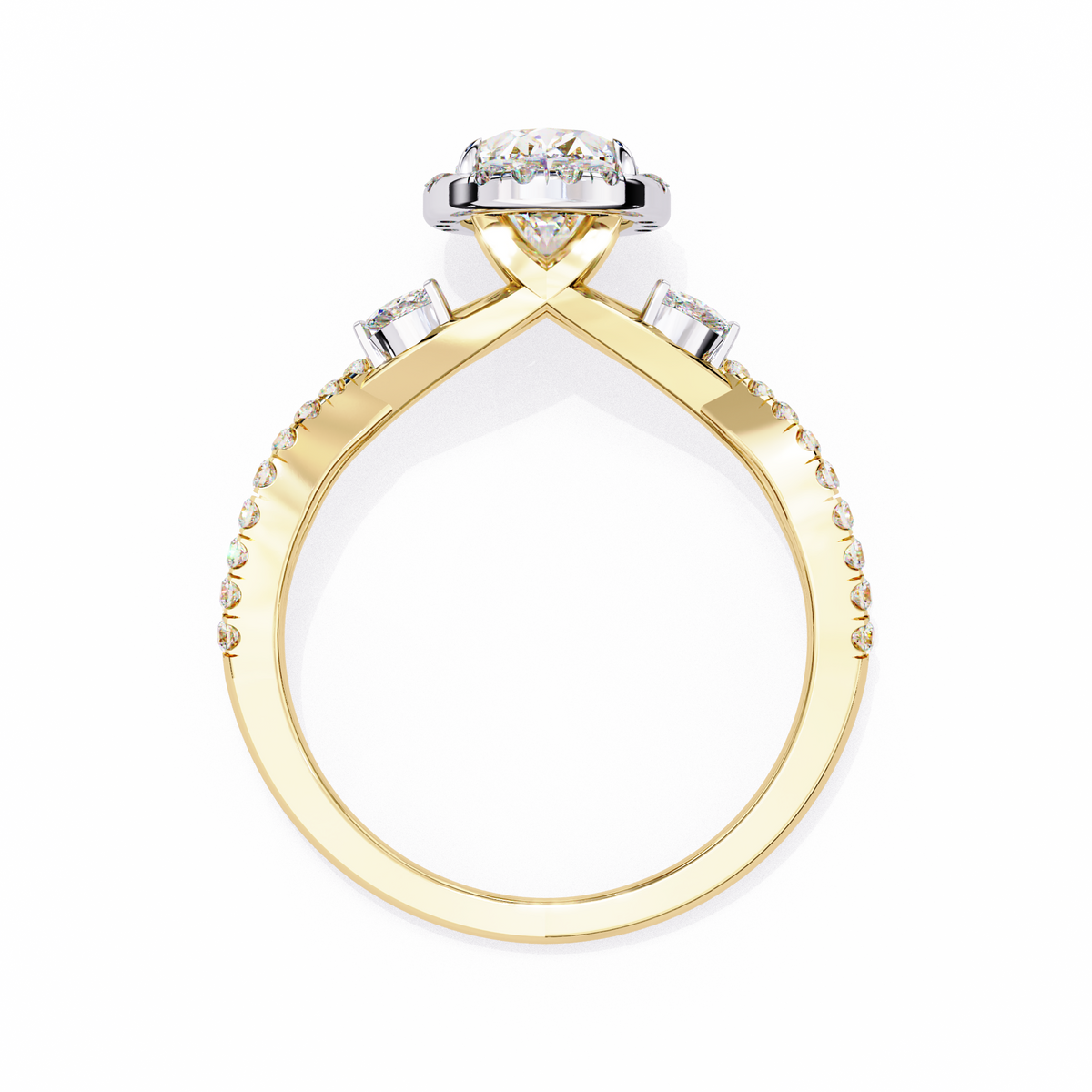 Gold ring with diamond accents on a white background