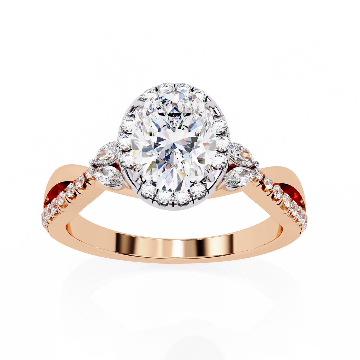 Rose gold ring with a large diamond and smaller diamonds on the band against a white background